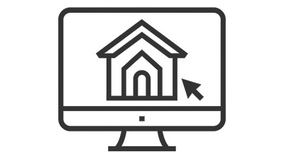 Schwarz-weiß Illustration eines Computerbildschirms mit Haus-Icon und Mauszeiger als Symbol für Architektur-Visualisierung
