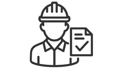 Schwarz-weiß Illustration eines Bauarbeiters mit Helm und Checkliste als Symbol für Bauleitung und Qualitätskontrolle