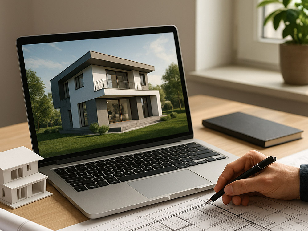 Ein moderner Laptop zeigt eine fotorealistische Architektur-Visualisierung eines Einfamilienhauses auf dem Bildschirm
