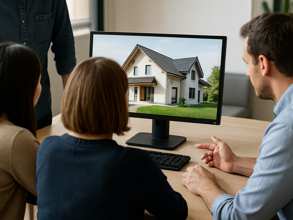 Ein Team bespricht gemeinsam mit Kunden ein Bauvorhaben anhand einer 3D-Visualisierung auf einem Monitor